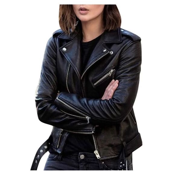 Black Soft Leather Biker Motorcycle Jacket - Picture 3 of 14